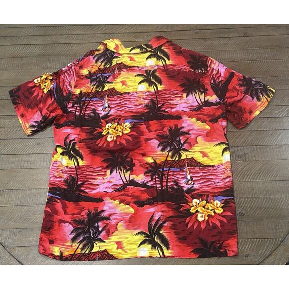 Hula Hula Hawaiian Shirt Fuchsia Black/Red/Yellow Palm Trees Tropical Rayon- 2XL - Picture 2 of 7